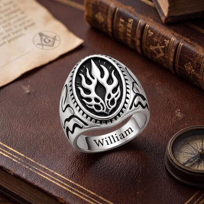 Dacc & Aya Custom Engraved Vintage Signet Ring 925 Sterling Silver Black Oxidized Personalized Statement Jewelry for Men - style: B-Flame