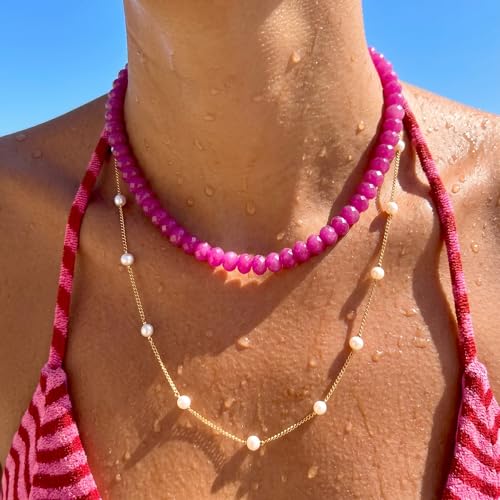Gemstone Beaded Necklace for Women Colorful Natural Stone Freshwater Pearl Surfer Beach Rainbow Necklace Jewelry Gift - color: Rose Red