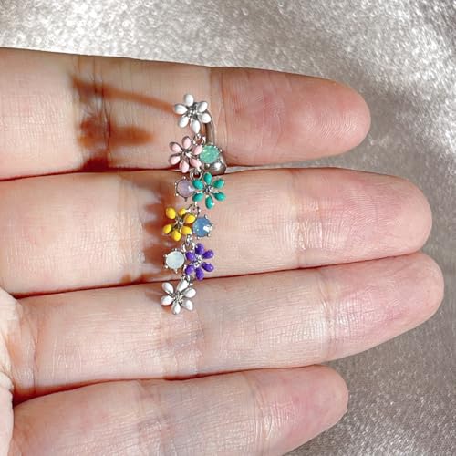 Colorful Daisy Flower Belly Button Ring 316L Surgical Stainless Steel CZ Cute Enamel Flowers Dangle Navel Belly Rings Dainty Body Piercing Jewelry Gifts for Women 14G - color: Silver