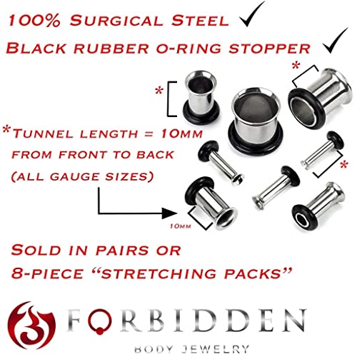 Forbidden Body Jewelry 12G-1 Inch Surgical Steel Single Flared Tunnel Plugs Plus O-Ring, Choose Pcs/Gauge - style: 8pcs: 12g/10g/8g/6g