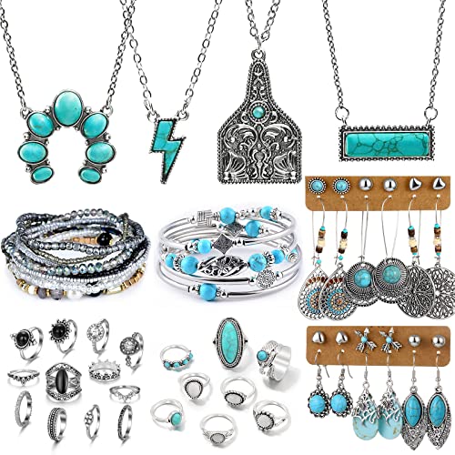 IFKM Bohemian Jewelry Set With Turquoise Necklace, Dangle Earrings, Stackable Bangle Bracelets, Knuckle Rings For Women Vintage Western Boho Turquoise Anniversary Birthday Friendship Gift - style: Western cowboy