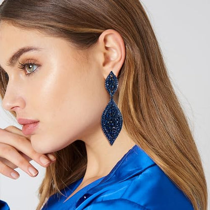 Flyonce Wedding Jewelry Set Rhinestone Crystal Bridal Leaf Necklace Drop Dangle Chandelier Earrings Sets for Women - color: Navy Blue