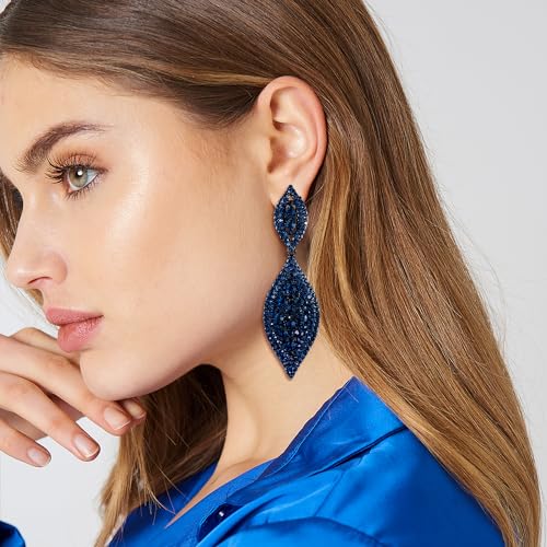 Flyonce Wedding Jewelry Set Rhinestone Crystal Bridal Leaf Necklace Drop Dangle Chandelier Earrings Sets for Women - color: Navy Blue