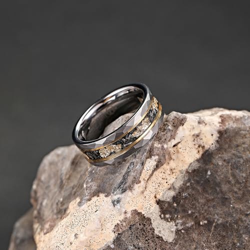 Mens Tungsten Carbide Wedding Bands 8mm Black Hammered Edge Gold Foil Inly Durable Scratch Proof Stainless Steel Cool Promise Ring for Him Comfort Fit - color: Silver-8mm