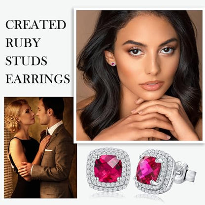 Dainty Birthstone Earrings for Women Sterling Silver Small Stud Earrings with Halo Cushion/Round Created Gemstone Earrings Birthstone Jewelry - style: A 07. July/created ruby-cushion cut