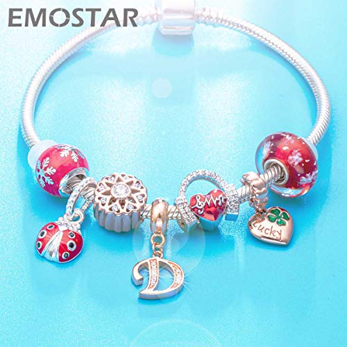 EMOSTAR Letter Charms Initial A-Z Alphabet Beads, Rose Gold 925 Sterling Silver Dangle CZ Birthstone Pendant, Gifts for European Charm Bracelet/Mothers Day/Birthday - color: Letter D