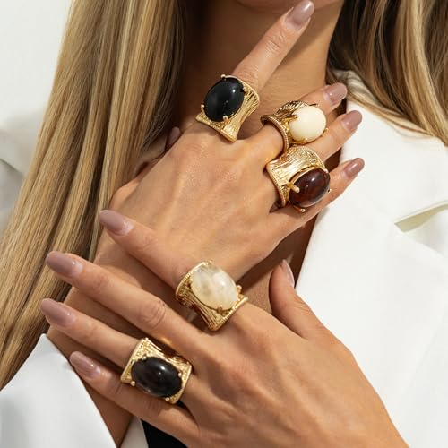 Geometric Open Ring, Adjustable Statement Rings with Non-Fading Hand-Marbled Resin Wide Band, Metallic Stripe Accent Finger - color: A