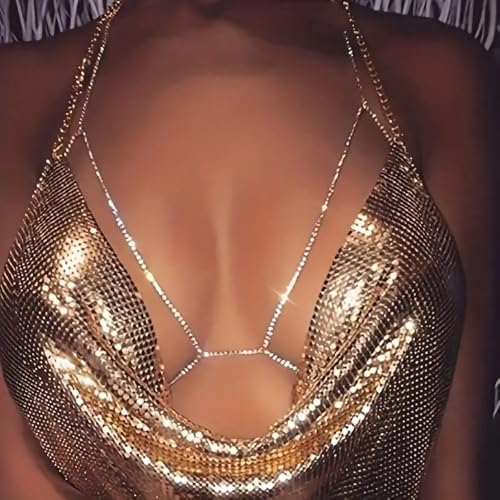 Gold Plated Body Chain for Women, Layered Bikini Waist Chain | Sexy Rhinestone Body Jewelry, Chest Belly Chain, Adjustable Fit, Crossover Design, Summer Beach Parties and Vacations - color: Silver2