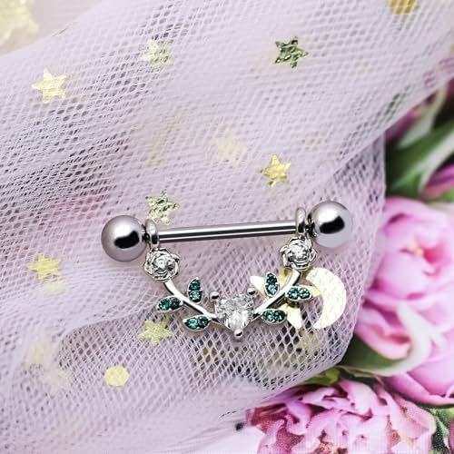 2pcs 14G Nipple Rings Flower Nipple Bars Surgial Steel 316L Nipple Piercing Jewelry Heart Nipple Barbell for Women - color: white h
