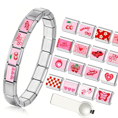 Italian Charms Bracelet Sets Heart Brascelet,18 of Charms and Opening Tools (8 Random Pattern and 10 Blank Modules) - style: Pink-Silvery