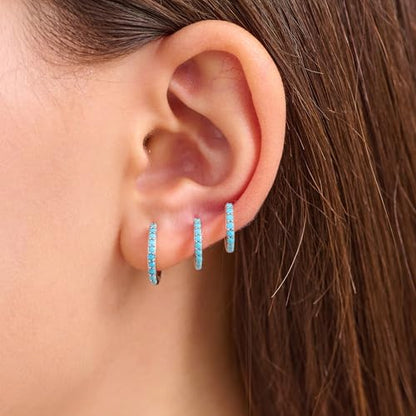 3 Pairs Mini Hoop Earrings Set Turquoise Cubic Zirconia Huggie Hoop Cartilage Earring Ear Cuff for Women (Turquoise/CZ) - color: *Turquoise