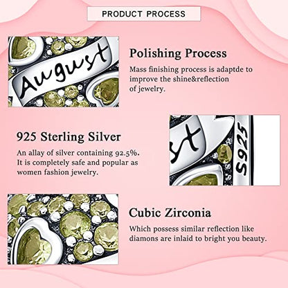 925 Sterling Silver Birthstone Charms fits Charms Bracelets for Woman，with 5A Cubic Zirconia Dangle Pendant Bead,Happy Birthday Charms for Bracelet and Necklace Valentine's Day Mother's Day Gift - color: 1-August Birthstones