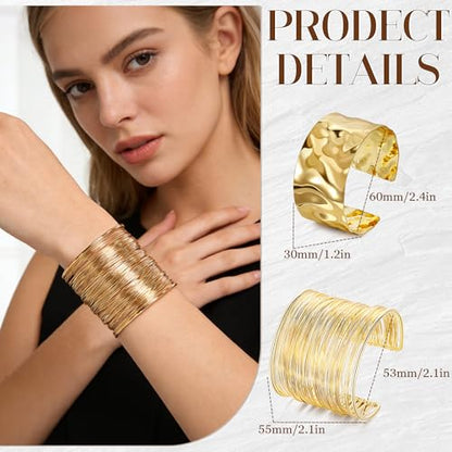3PCS Chunky Cuff Bracelets for Women Irregular Minimalist Statement Bangle Bracelets Set Open Wide Wire Grooved Hammered Bangle Bracelet Gold Sliver Wrist Cuff Wrap Bracelet Adjustable - color: Gold Cuff Bracelets A