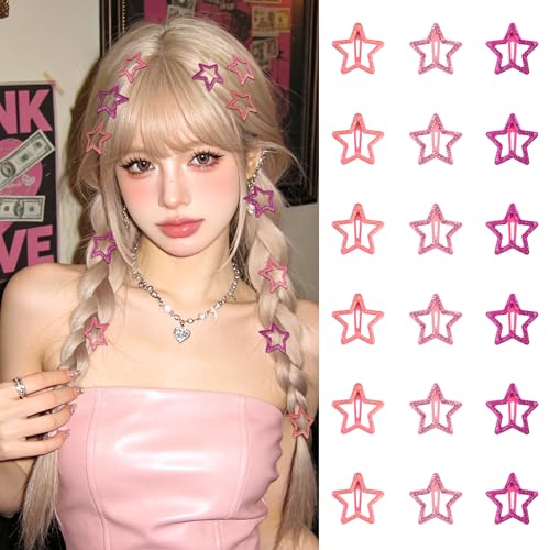 VIBILIA 18 Pcs Star Hair Clips Y2K Style Non-Slip Snap Hair Barrettes Assorted Sizes Hair Accessories Glitter Pink Metal Hair Clips for Girls Women - color: Glitter Pink