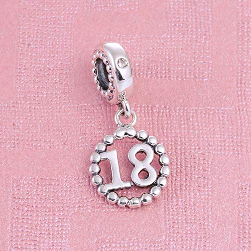 5,10,15,16,17,18,20,21,25,30,35,40,42,49,50,55,60,65,70 Number Charms for European Bracelet, 925 Sterling Silver Birthday Pendant Beads with CZ, Gifts for Mothers Day/Anniversary - color: Silver Color Number 18 Charm