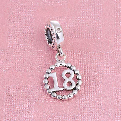 5,10,15,16,17,18,20,21,25,30,35,40,42,49,50,55,60,65,70 Number Charms for European Bracelet, 925 Sterling Silver Birthday Pendant Beads with CZ, Gifts for Mothers Day/Anniversary - color: Silver Color Number 18 Charm