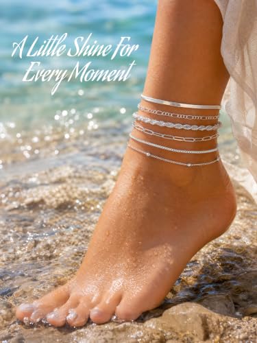 14K Gold/Silver Plated Anklets for Women Layered Anklet Set | Non Tarnish Waterproof Brass Ankle Bracelet, Adjustable Lightweight Dainty Hypoallergenic Chain, Beach Vacation Summer Gift - style: Style7