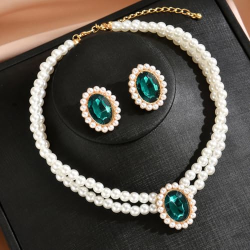 CSIYANJRY99 Pearl Necklace and Earring Set Faux Pearl Jewelry Sets for Women Imitation Beaded Pearl Necklace Bracelet Stud Earrings for Women - color: Green Zircon Pearl Set