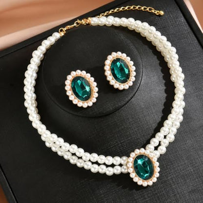 CSIYANJRY99 Pearl Necklace and Earring Set Faux Pearl Jewelry Sets for Women Imitation Beaded Pearl Necklace Bracelet Stud Earrings for Women - color: Green Zircon Pearl Set