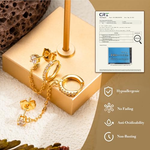 Kenivira Gold Pearl Hoop Earrings for Women | 18K Gold Huggie Dangle Earrings | Lightweight Small Hoop Earrings - color: Link-CZ & Hoop & Stud