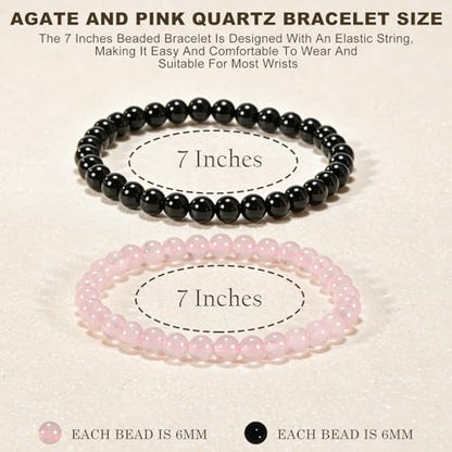 2PCS Agate Bracelet for Women Men Natural Round Beaded Agates Stone Healing Stretch Bracelets Elastic Handmade Polished Gemstone Beads Bracelet - color: Black+Pink Quartz, size: 6mm Beads