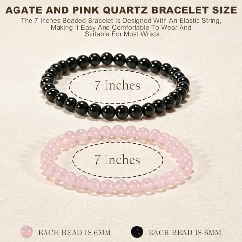 2PCS Agate Bracelet for Women Men Natural Round Beaded Agates Stone Healing Stretch Bracelets Elastic Handmade Polished Gemstone Beads Bracelet - color: Black+Pink Quartz, size: 6mm Beads