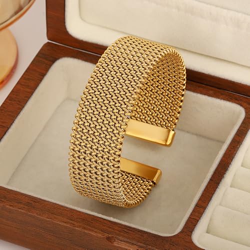 hotoo Gold Open Cuff Bangles Wide Woven Bracelets For Women Stainless Steel Stackable Jewelry For Xmas Birthday Gifts - style: Cuff Bracelet