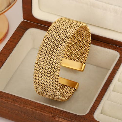 hotoo Gold Open Cuff Bangles Wide Woven Bracelets For Women Stainless Steel Stackable Jewelry For Xmas Birthday Gifts - style: Cuff Bracelet