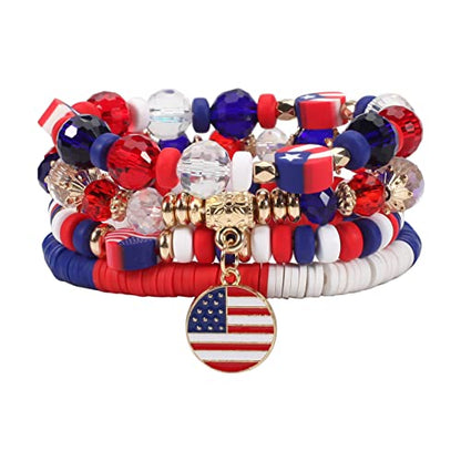 Ardorchid Halloween Bracelets for Women Pumpkin Ghost Steleton Bat Skull Beaded Stackable Stretchy Bracelet Rugby Thanksgiving Christmas Heishi Bracelets - color: USA Flag Bracelets-B