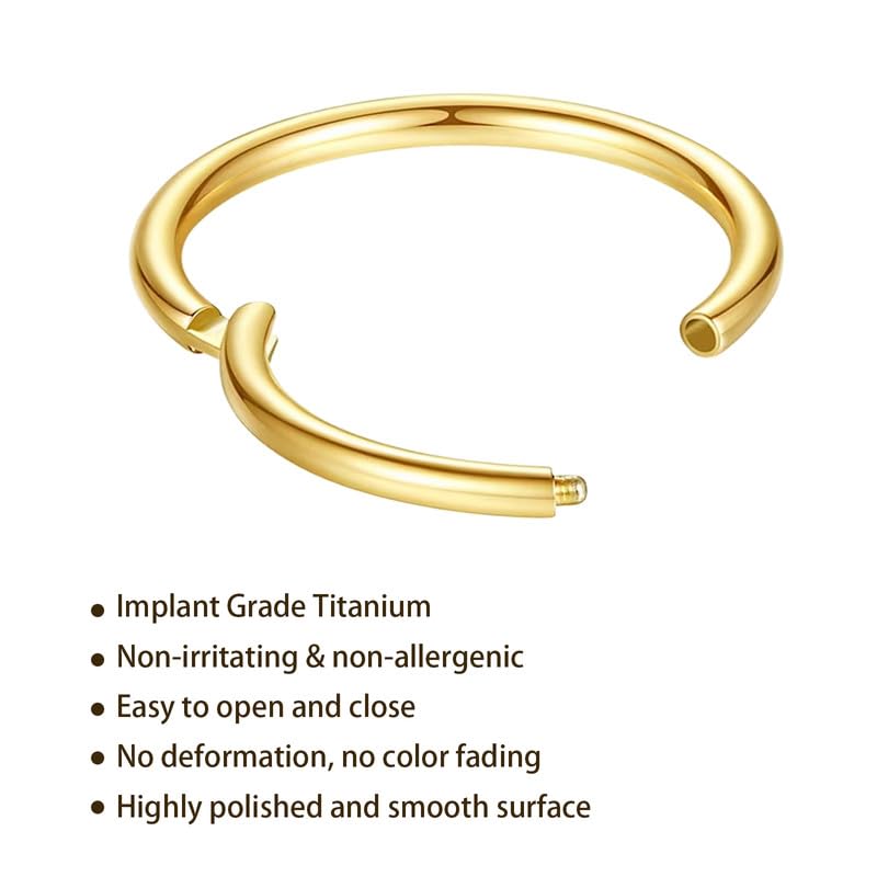20G 18G 16G Titanium Nose Ring Hoop, Cartilage Hoop Earrings for Women Men Silver Gold Nose Ring Septum Ring Tragus Conch Helix Daith Lip Piercing Jewelry 6mm/7mm/8mm/9mm/10mm - color: Gold-16g, style: 10mm