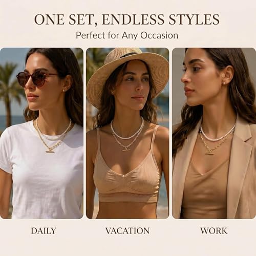 Layered Necklaces for Women Pearl Necklace Stack Gold T Bar Necklace Set Dainty Heart Pendant Jewelry Trendy 2026 Fashion Accessories Gifts - color: A7:2pcs-gold-6mm