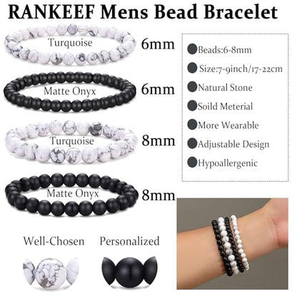 Mens Bead Bracelet Set - Adjustable Elastic Rope With 6&8MM Natural Stone Multi-Colored Beads - Tiger Eye Bracelets for Men - Gift - style: 4,white,black bracelet