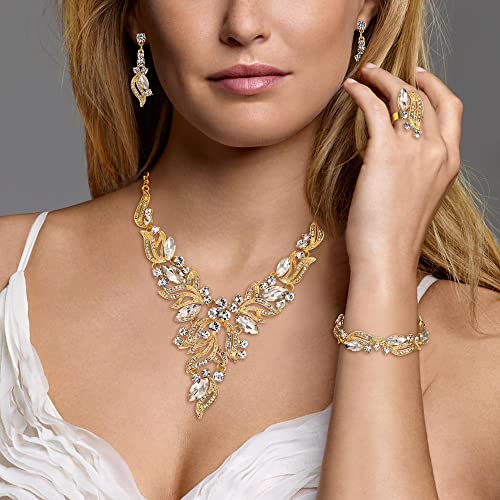 EVER FAITH Bridal Wedding Marquise Crystal Leaf Cluster Statement Y-Shaped Necklace Earrings Bracelet Ring Set for Prom - color: Clear Gold-Tone