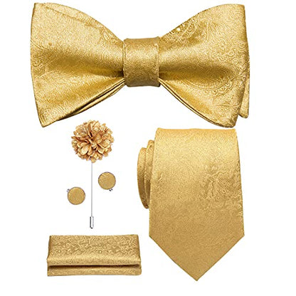 Hi-Tie 5Pcs Mens Solid Color Silk Tie Satin Pretied Bowtie Lapel Pin for Men Handkerchief Cufflink Wedding Gift Box - color: A Gold Paisely