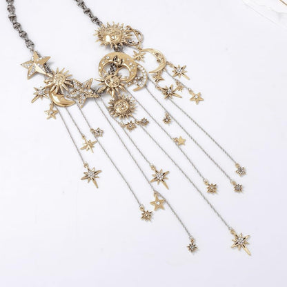 Retro Exaggerated Sun Moon Star Multi Pendant Tassel Necklace - Moon Pentagram Sun Full Diamond Necklace - Women Bohemian Style