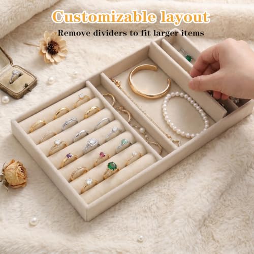 Stackable Velvet Tray Jewelrys Storage Organizers Jewelry Box Insert Organizer for Drawer Jewelry Drawer Organizer Inserts Ring Earring Stud Necklace Holder Display Storage Case (Beige, 8.3 x 4.9in)