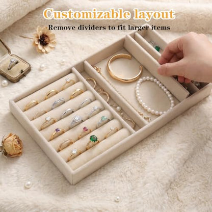 Stackable Velvet Tray Jewelrys Storage Organizers Jewelry Box Insert Organizer for Drawer Jewelry Drawer Organizer Inserts Ring Earring Stud Necklace Holder Display Storage Case (Beige, 8.3 x 4.9in)
