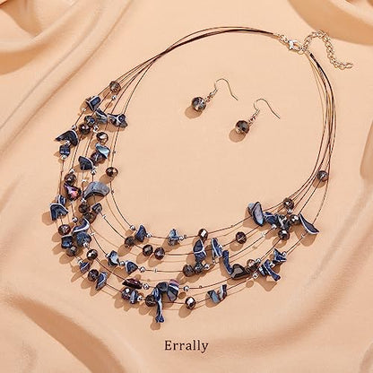 Multi-Layer Boho Shell Beaded Necklace for Women Colorful Crystal Strand with Silver Beads Statement Collars Necklace and Earrings Costumes Jewelry Sets for Women - color: 45-Black