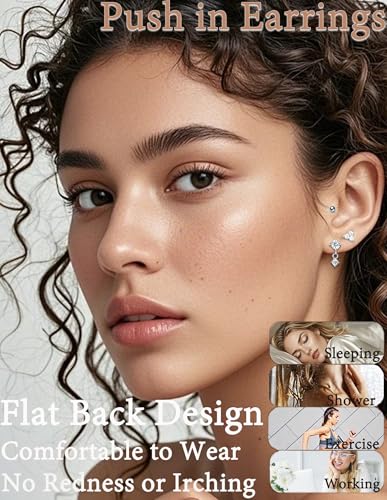 Threadless Flat Back Earrings Studs 20G Surgical Steel Push in Nose Studs Rings Cartilage Helix Tragus Conch Lip Labret Medusa CZ Nostril Piercing Jewelry for Women Gold Silver Tone - color: Silver