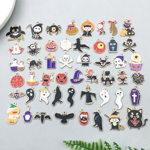 50pcs Enamel Charms for Jewelry Making Wholesale Assorted Mixed Bulk Metal Earring Findings for DIY Necklace Bracelet Keychain and Crafting - style: Halloween Charms