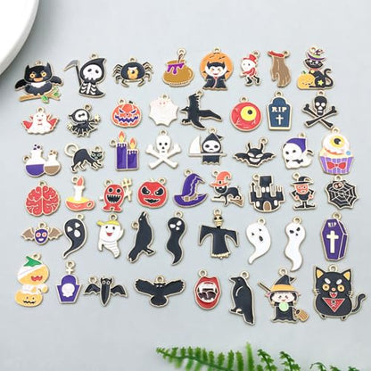 50pcs Enamel Charms for Jewelry Making Wholesale Assorted Mixed Bulk Metal Earring Findings for DIY Necklace Bracelet Keychain and Crafting - style: Halloween Charms