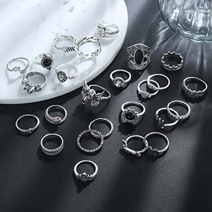 17IF 26-35 Pcs Vintage Silver Knuckle Ring Set for Women Men, Gothic Rings | Grunge Chunky Aesthetic Snake Stackable Adjustable Punk Bulky Finger Alt Fairy Skull Frog Heart Star Flower Midi Ring Pack - style: 26 Pcs