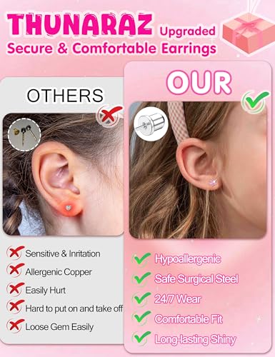 THUNARAZ 16 Pairs Hypoallergenic Earrings for Girls Kids Stud Earrings Set | Surgical Stainless Steel, Sensitive Ears Friendly, 20G Heart Flower Ball Stud Earrings Set for Girls and Kids - style: Screw Back