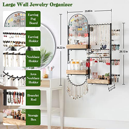 Keebofly Large Jewelry Organizer - Big Wall Mount Hanging Jewelry Holder Display for Earrings, Rings, Necklaces, Bracelets, Makeup, Perfume & Watches - color: Rustic Brown