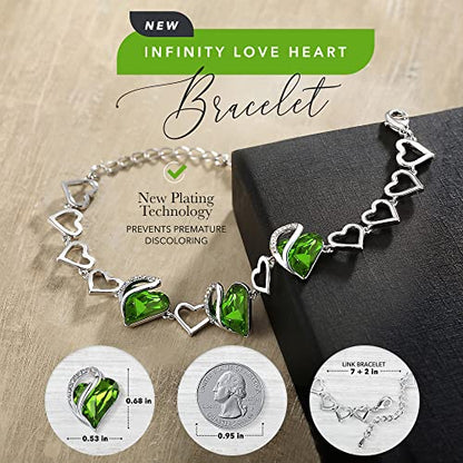 Leafael Infinity Love Heart Gift Bracelet for Women, Birthstone or Healing Stone Crystal, Silver Tone Birthday Jewelry for Her, Mom, and Wife, 7-inch Chain and 2-inch Extender - color: 08-August-Peridot Green