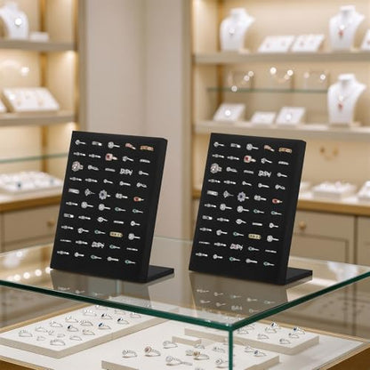 KUKUVR 2 Pcs Velvet L-Shaped Ring Earring Holder Display Stand (Black) | 50 Slots, Jewelry Organizer Case Tray, For Women & Selling Show - color: Black