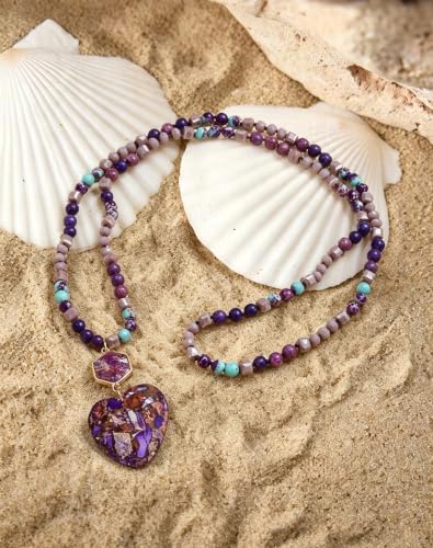 Yomisa Long Necklaces for Women Trendy, 33/34/35 inch | Boho Beaded Necklaces for Women, Natural Stone Pendant, Handmade Knotted Bead, Bohemian Holiday Summer Western Charm Jewelry - color: Love-Purple