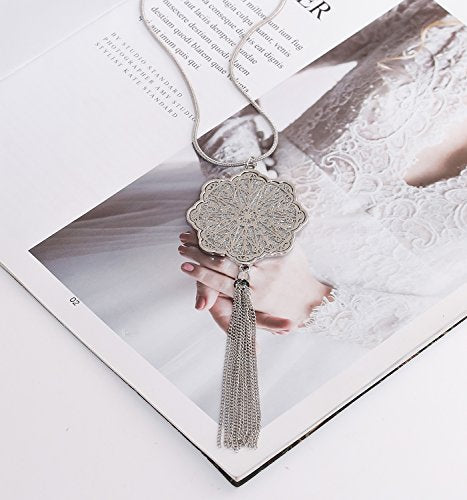 MOLOCH Long Necklaces For Woman Disk Circle Pendant Necklaces Tassel Fringe Necklace Set Statement Pendant - color: floral-shaped-silver