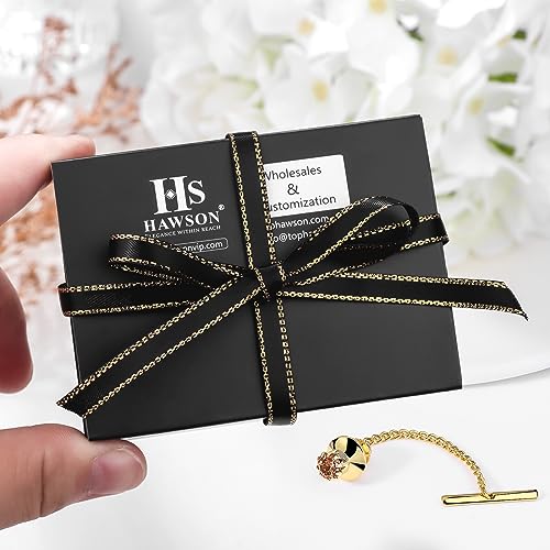 HAWSON Mens Tie Tack with Chain Round Crystal Wedding Business Accessories - color: Gold + Champnge