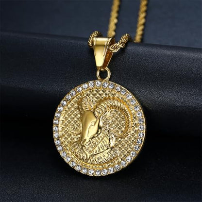 HIJONES Men's Women's Stainless Steel Zodiac Coin Embossed Necklace CZ Astrology Horoscope Pendant Necklace - color: Gold Aries
